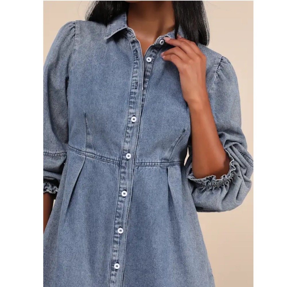 Lulus Uniquely Darling Medium Wash Denim Mini Dress Pockets Size S NEW - Picture 8 of 12